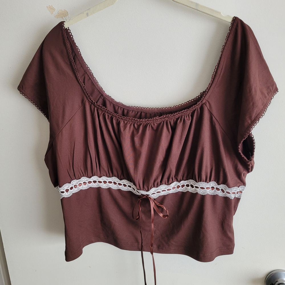 🎉SHEIN Chocolate Brown Blouse with White Lace Accent